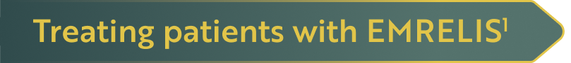 "Green arrow with gold trim and text "Starting patients on EMRELIS¹" in gold lettering.